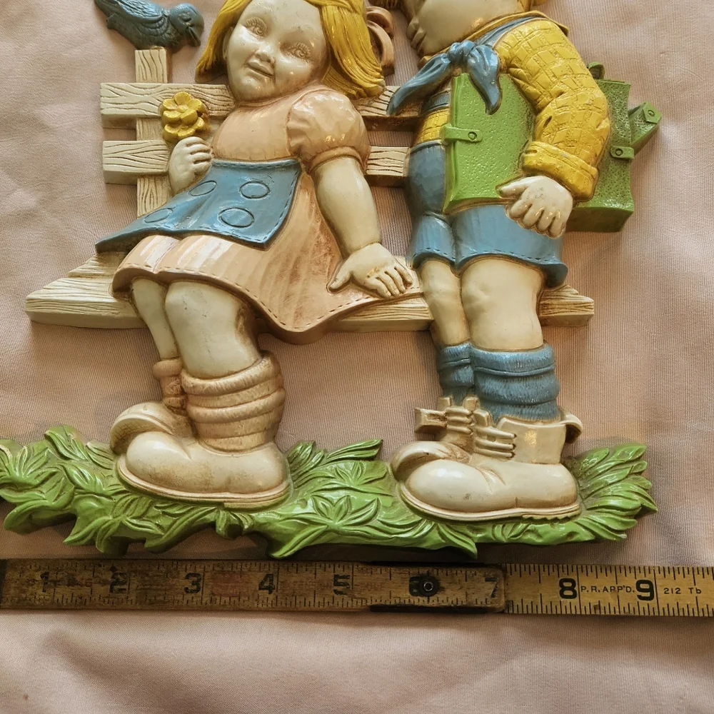 Vintage Wall Plaque with Children and Bird HOMCO 1977 Dart Plastics Decor
